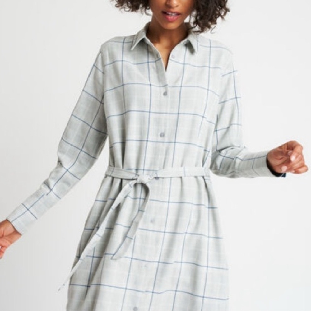 Kit and Ace Light Gray/ Blue Plaid Preppy Long Sleeve Shirt Dress